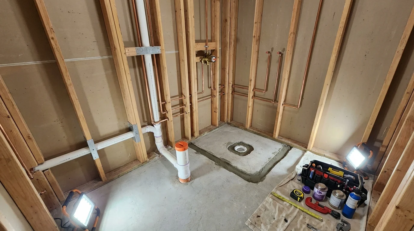 Bathroom rough-in plumbing during remodel by Johns Plumbing LLC in Stone Park