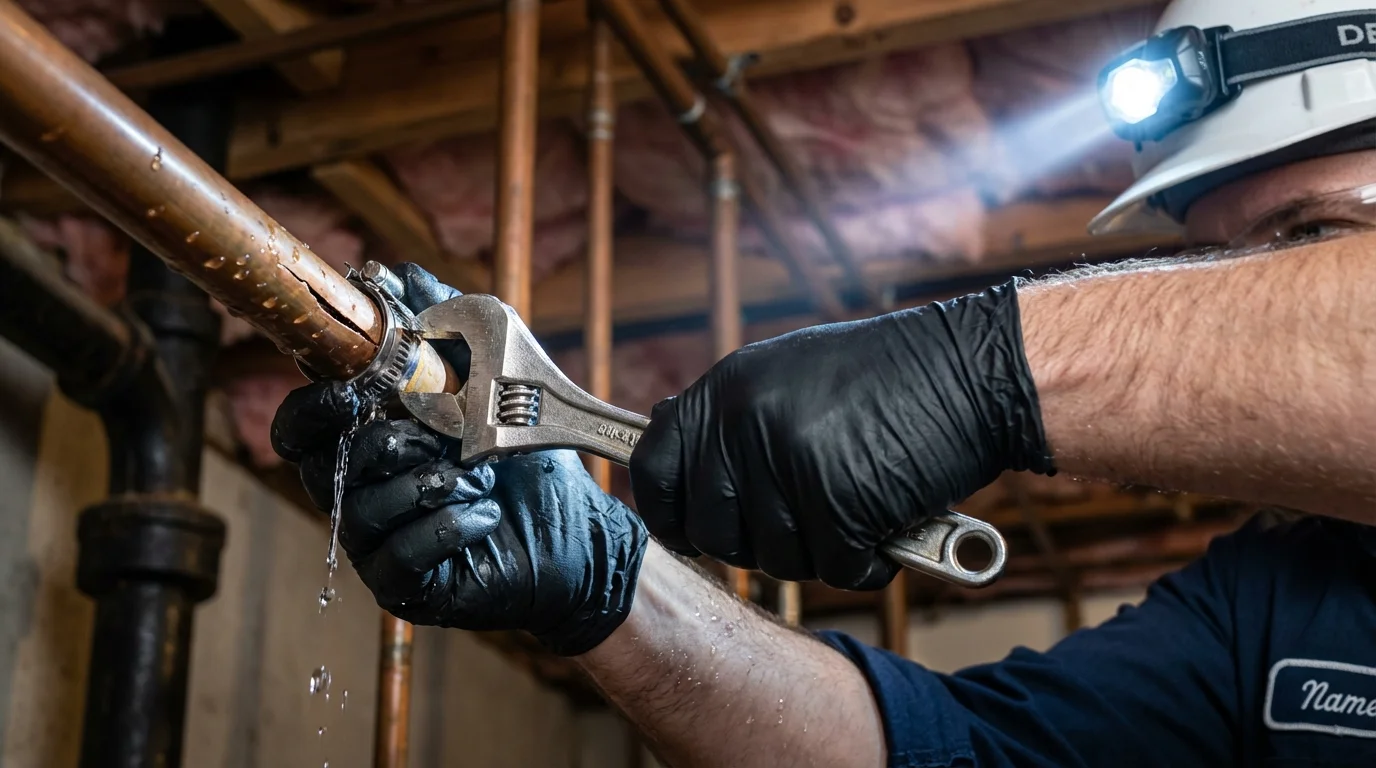 Emergency pipe clamp repair being performed by a Johns Plumbing LLC plumber in Stone Park