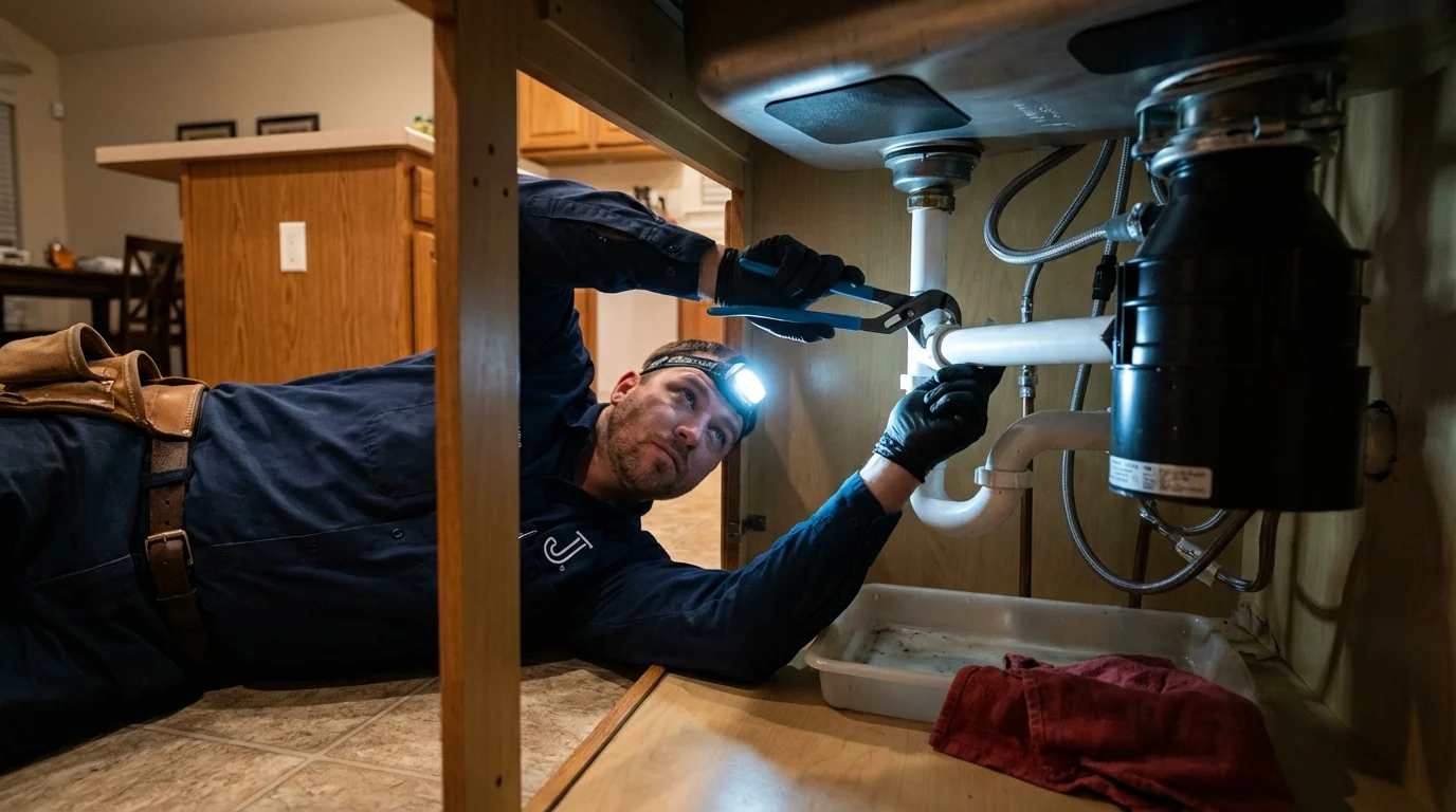 P-trap and supply line connections under a kitchen sink showing a common leak point in Stone Park, IL